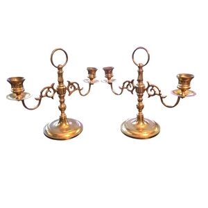 Vintage Pair of Solid Brass Ornate‎ 2 Candle Candlesticks With Carry Ring 10.75"